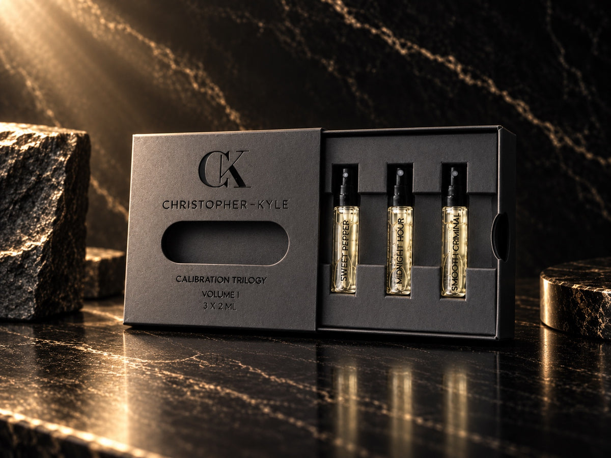 Christopher-Kyle Calibration Trilogy open discovery set with Sweet Pepper, Midnight Hour and Smooth Criminal 2ml fragrances