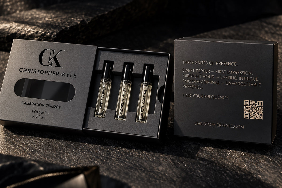 Christopher-Kyle Calibration Trilogy discovery set open with Sweet Pepper, Midnight Hour and Smooth Criminal 2ml fragrances